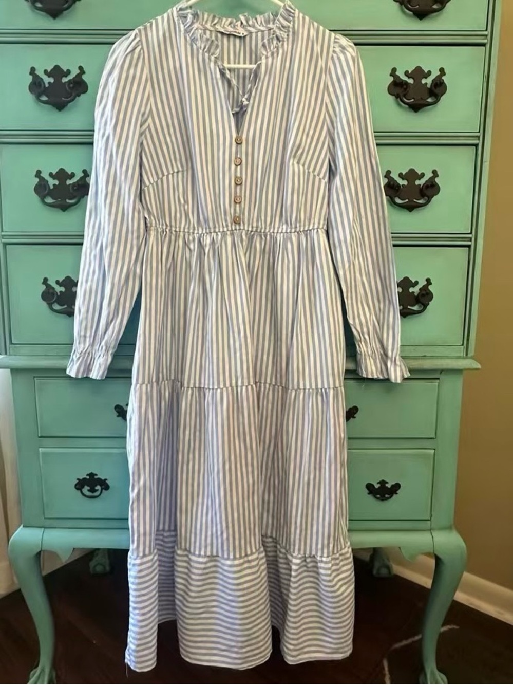 Sexyasasii Blue White Striped Midi Dress Tiered Ruffle Boho Medium